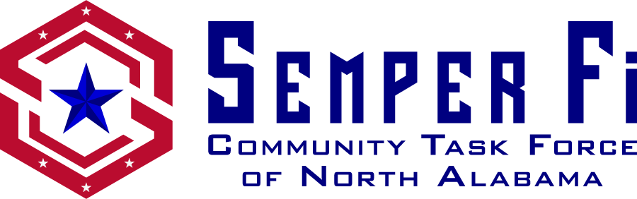Semper Fi Community Task Force Logo, standard horizontal, red double hexagon with blue star, text says Semper Fi Community Task Force of North Alabama
