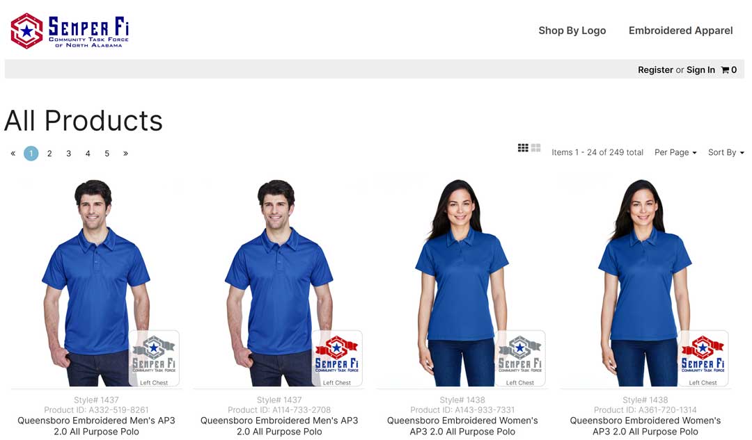 Graphic showing samples from Queensboro apparel for the SFCTF shopping page. Samples shown include men's and women's blue polo shirts with the new SFCTF logo.