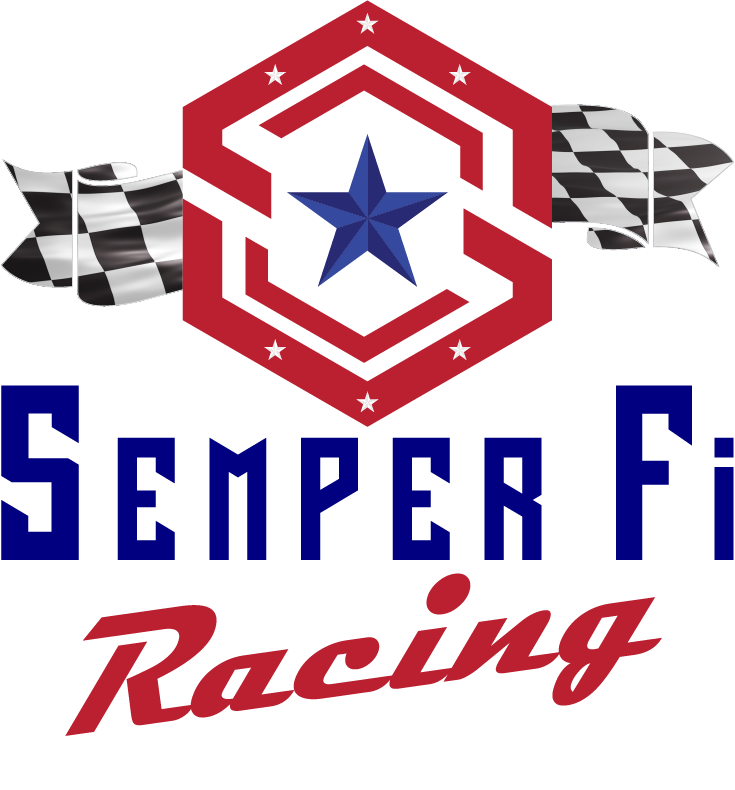Semper Fi Racing Logo waving checkered flag banner behind star logo (blue star on white background with red bar hexagon) with text below reading Semper Fi Racing