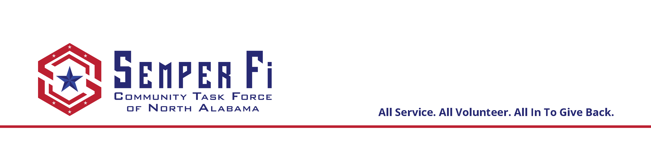 Semper Fi Community Task Force letterhead logo header with star hexagon logo, text logo, and motto: All Service. All Volunteer. All In To Give Back.